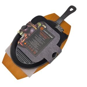 Masterclass Cookware 3pc Cast Iron Pan Fajita Set Wooden Trivet And Handle Mitt